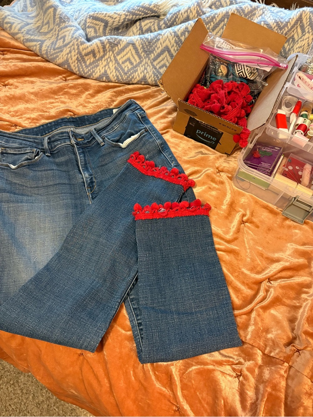 Women’s Blue Denim Jeans with Vintage Red Pom-Pom Trim